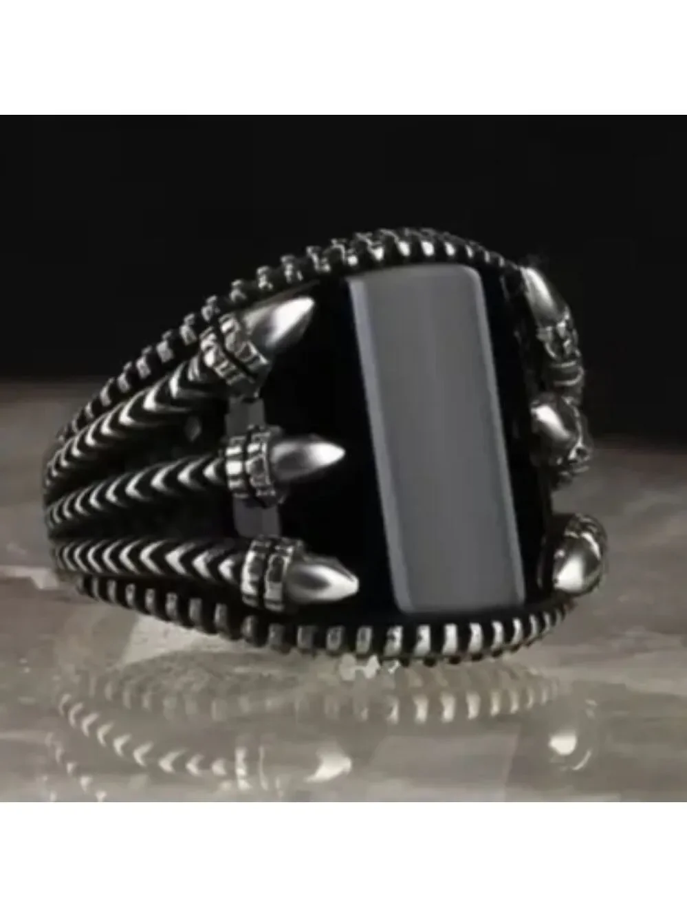 Black Gemstone Silvertone Eagle Claw Men's Ring